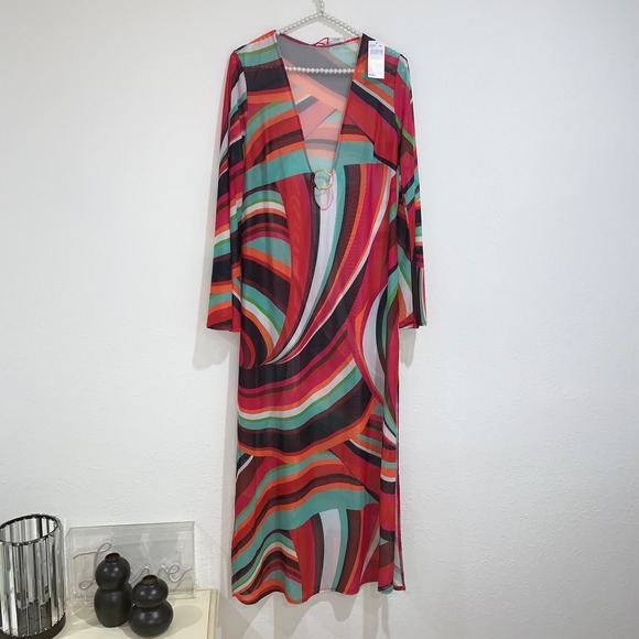 Trina Turk swoop fluted sleeve maxi coverup size medium new with tags pink green - Picture 4 of 14